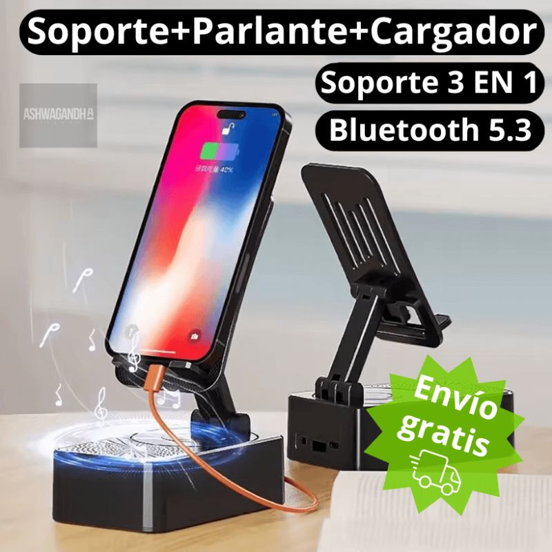 🔥SOPORTE 3 EN 1 GIRO 360° CON PARLANTE BLUETOOTH Y CARGADOR USB + ENVÍO GRATIS🎁 "Mejora el ángulo de visión y batería del celular hoy mismo"